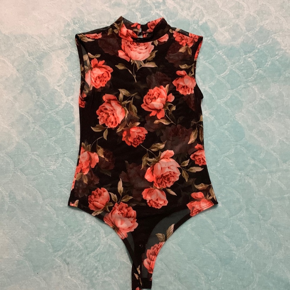 black mesh shirt with floral pattern